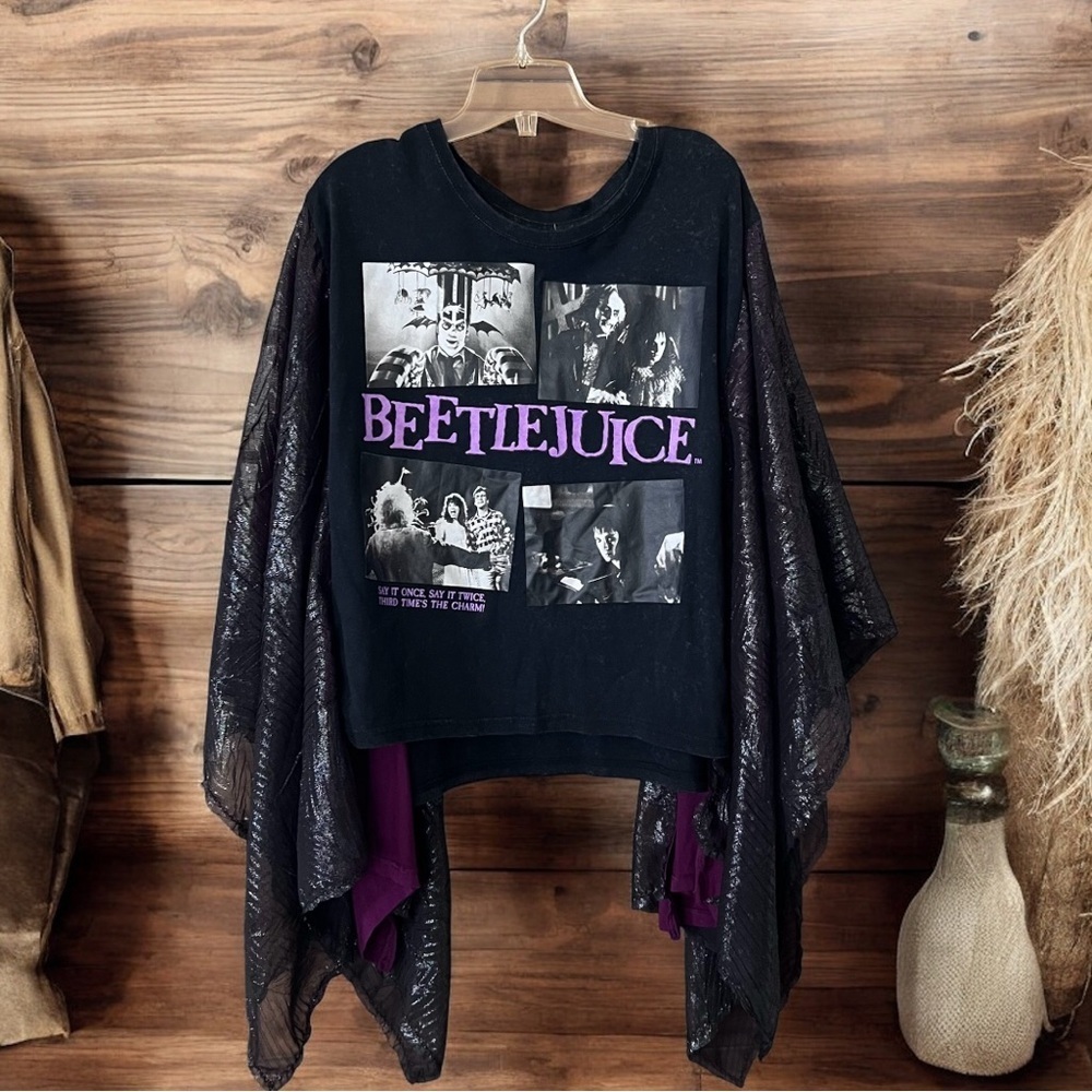 Upcycle Beetlejuice Graphic Black Tee w Angel Wing slv Whimsigoth /29” Pit-Pit